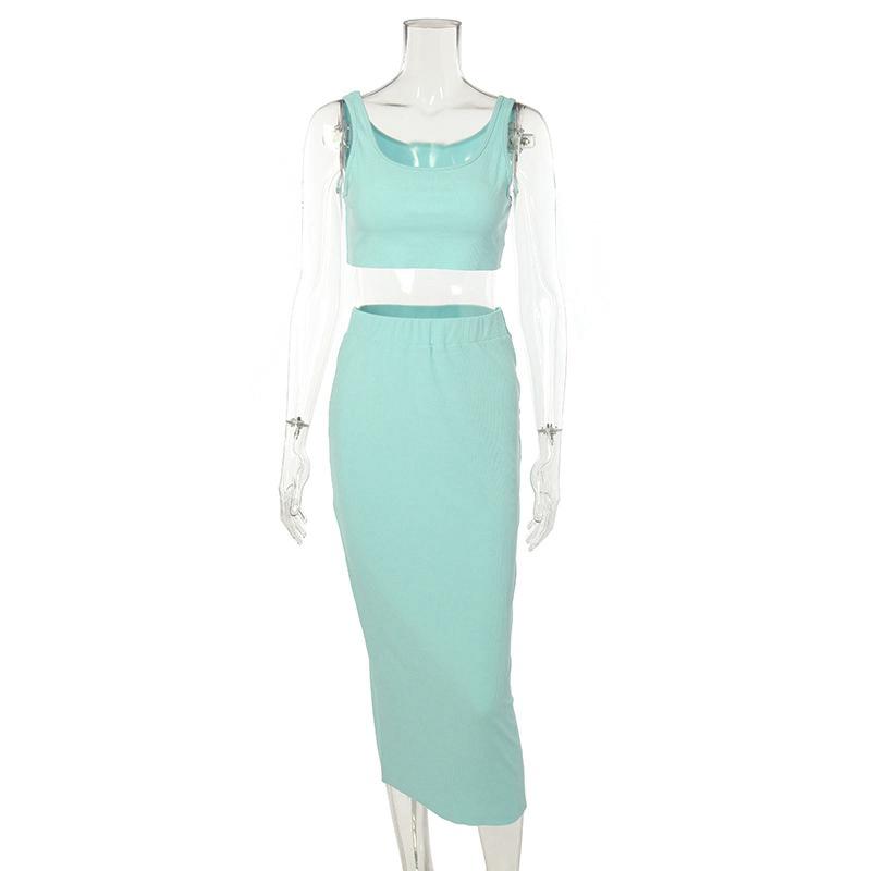 Crop Top Slim Print Elastic Waist Women Skirt Set Long Length Skirt U Neck Tank Ladies Two Piece Set