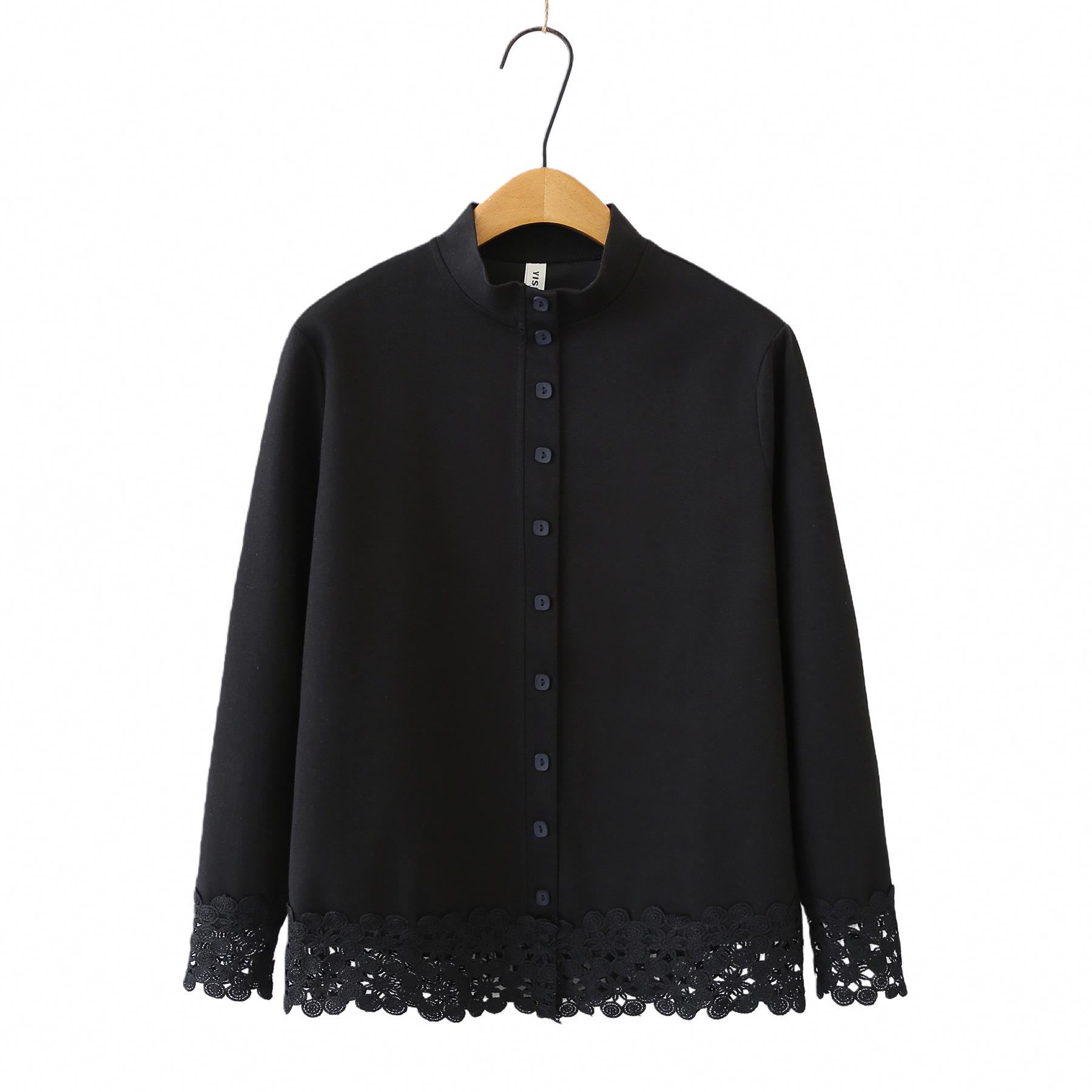 

Spring 2026 Lace Flared Long Sleeve Plus Size Women s Stand Collar Pullover T-shirt 2601 4XL чёрный