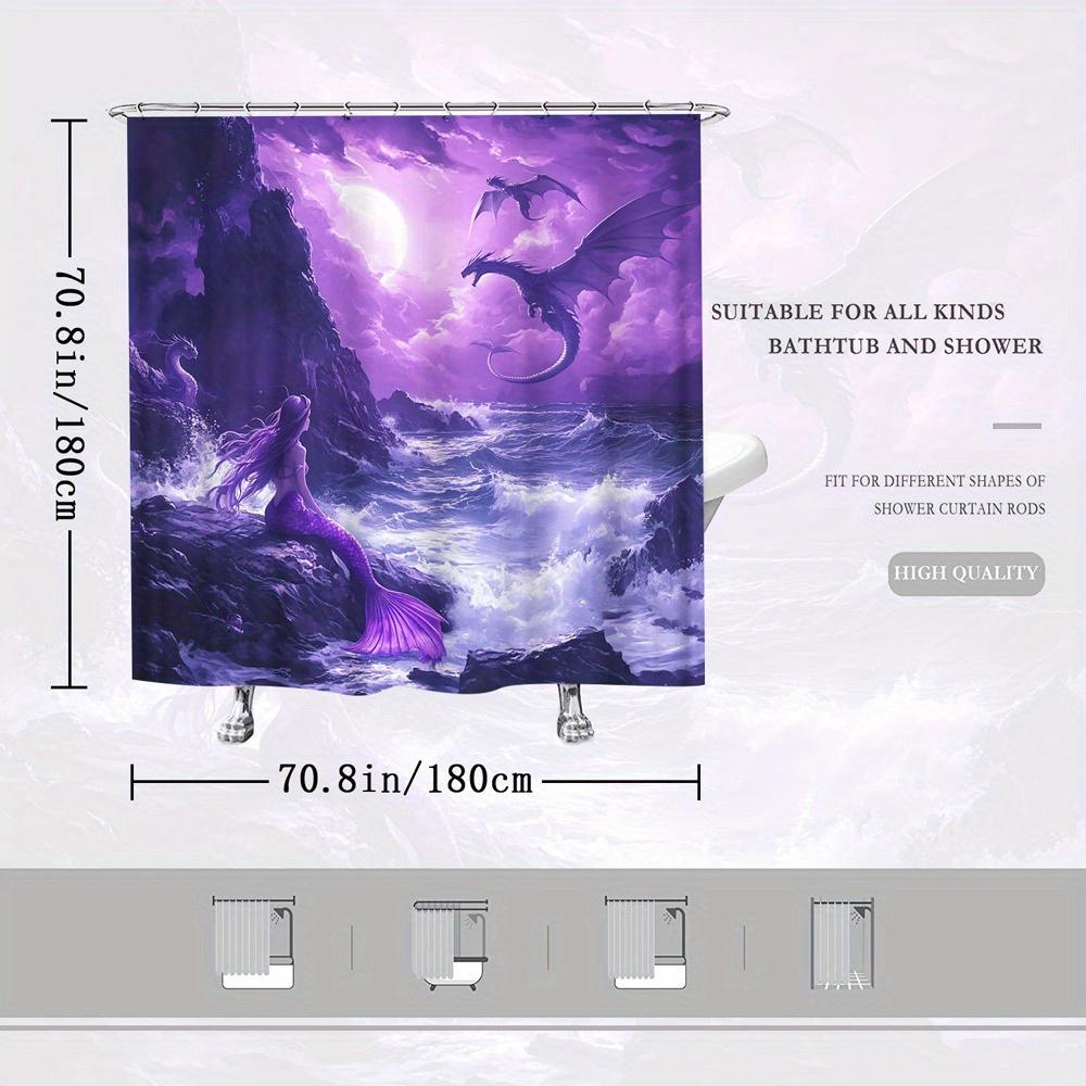 1 st Fantasy Sjöjungfru & Drake Duschdraperi, Lila Hår Svans & Turbulent Hav Design, Fullmåne Polyestertyg, Konstnärligt Badr