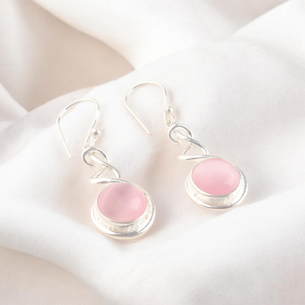 Naturrosa Katzenaugen-Edelstein 925 Sterlingsilber Handgefertigte Ohrringe für Damen CE-14-37