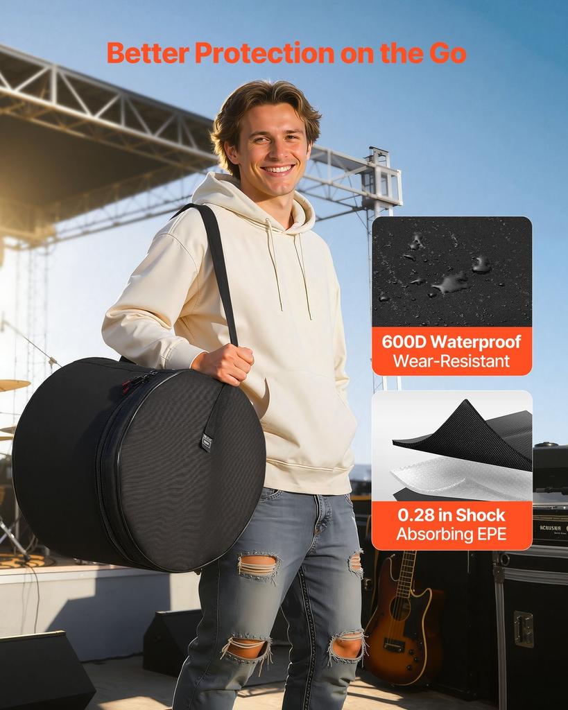 5-Piece Drum Case Set, 600D, Padded Drum Bags for Bass, Tom, and Snare, Thick Padding, Lightweight Protective Covers, Travel Storage Cases with