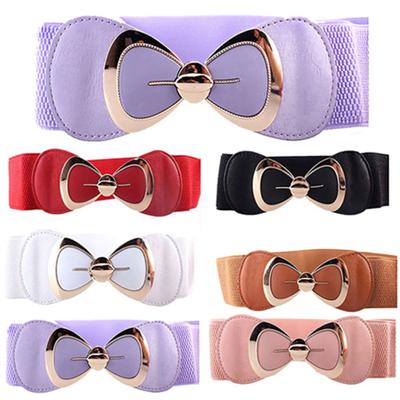 Women Bowknot Buckle Metallic Faux Leather Waistband Elastic Croset Waist Belt