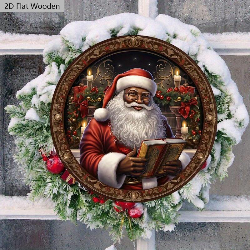 Black Santa Claus Wooden Christmas Sign - Navidad Round Sign for Yard Door Wall Hanging Decor - Ideal Christmas Decoration