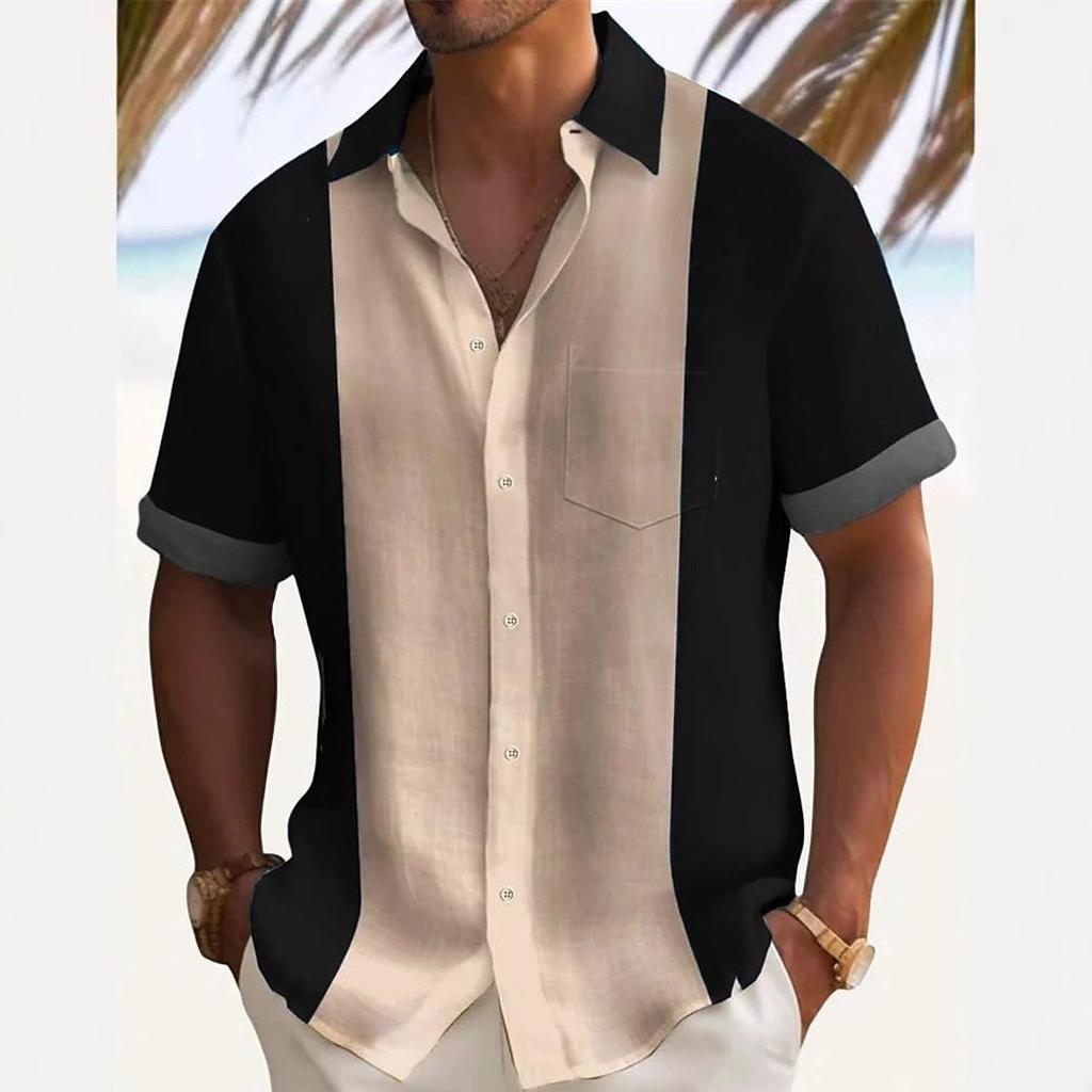 Herrenhemden Kurzarm Patchworkhemd Sommer Casual Umlegekragen Hemden Strandurlaubsstil Hemden