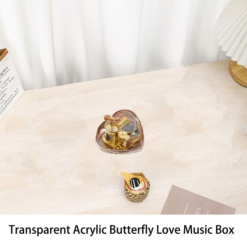 Hand Windup Metal Movement Octave Box Music Box with Transparent Acrylic Heart Shape For Friend Couple Birthday Gift
