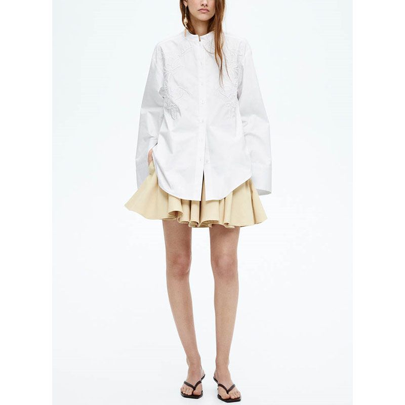 Summer New Product Women's Clothes Straight-leg Hem Chinese Stand Collar Drop-Shoulder Long-Sleeve Embroider Cotton Shirt 1284333