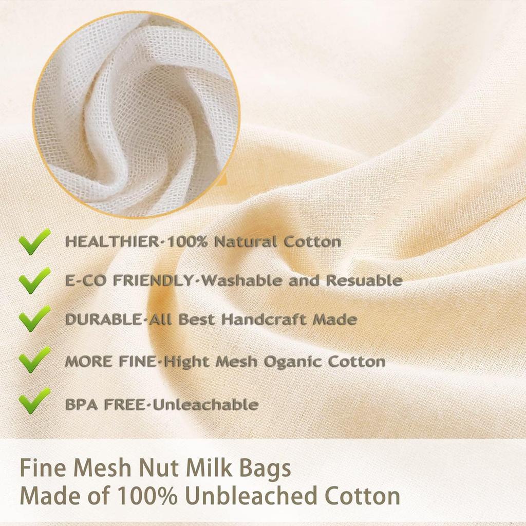 Nut Milk Bag Cloth Strainer for Food, 3 Pack 12" (2 of 12"X12" + 1 of 10") Organic Reble Kitchen Premium Fine Mesh Cheesecloth, Sprouting, Juicing