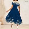 Women Plus Size Round Neck Short Sleeve Snowflake Printed Navy Blue Gathered Waist A Line Long Dress