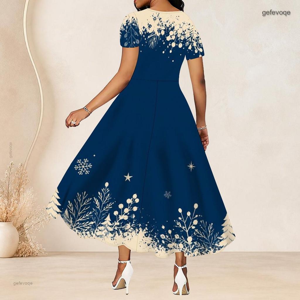Women Plus Size Round Neck Short Sleeve Snowflake Printed Navy Blue Gathered Waist A Line Long Dress