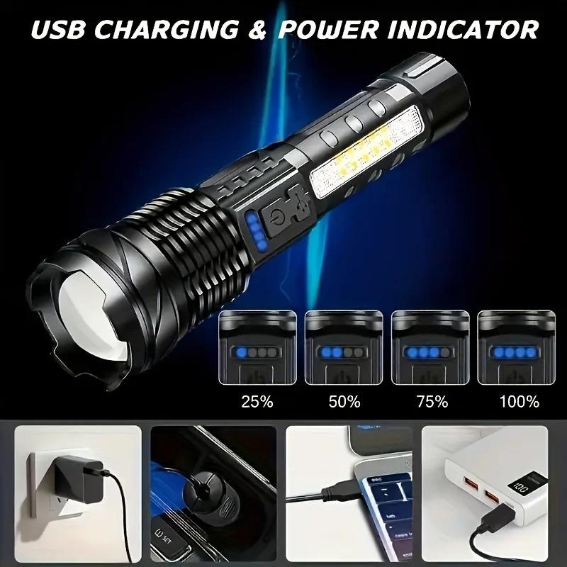 Notfall LED Taschenlampe Wasserdicht 18650 Taschenlampe Mit Seitenlicht 7 Modi Camping Angeln Laterne USB Wiederaufladbar Zoom Lampen