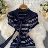 Sommer Damen Casual Kurzarm Gestreifter Strickpullover Mini Etuikleider mit Schal