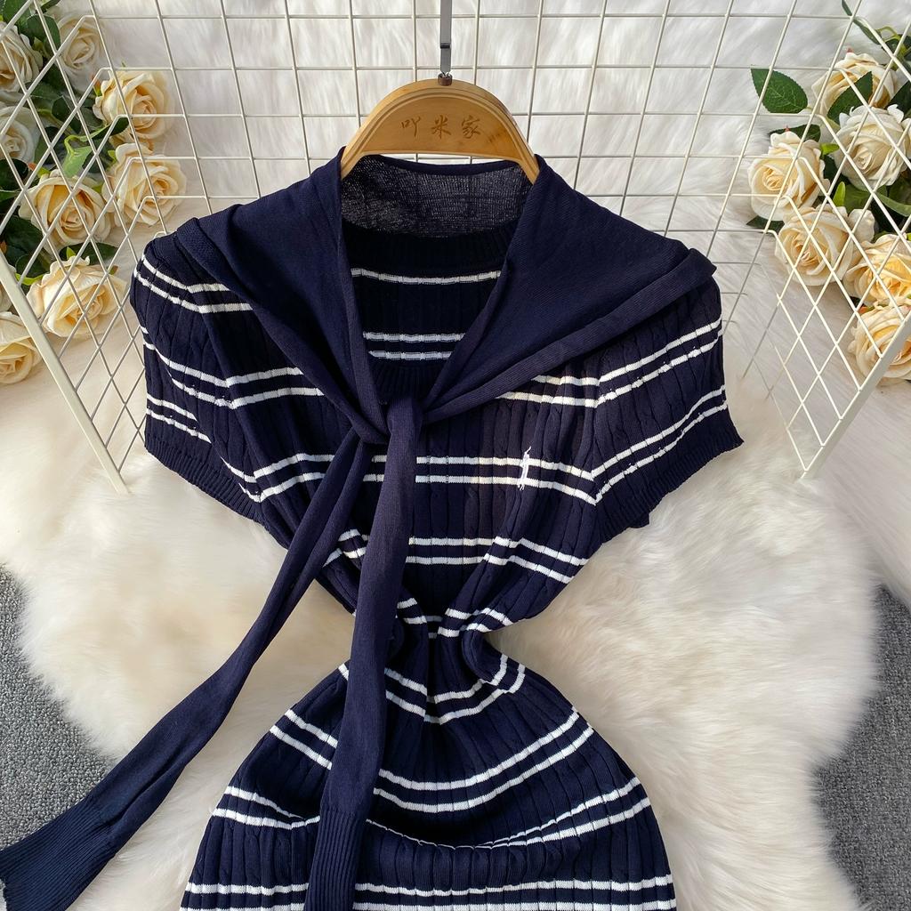 Sommer Damen Casual Kurzarm Gestreifter Strickpullover Mini Etuikleider mit Schal