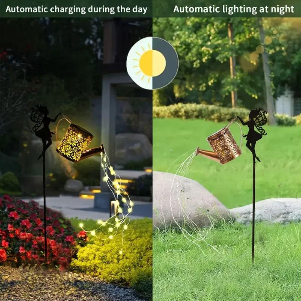 Metal Material Watering Can Lights Solar Powered Vintage Garden Decor Outdoor Yard Decoration