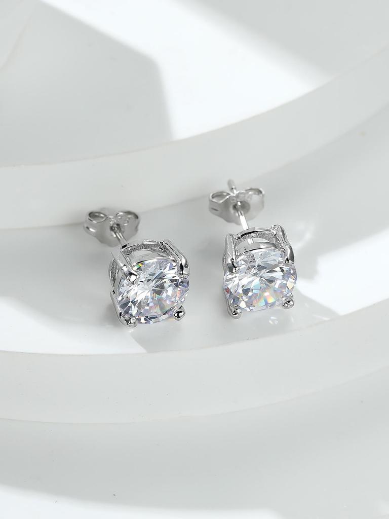 Białe Okrągłe Kolczyki Sztyfty z Diamentami z Czterema Ząbkami dla Kobiet - 8MM Cyrkonia, Modna i Wszechstronna Biżuteria.