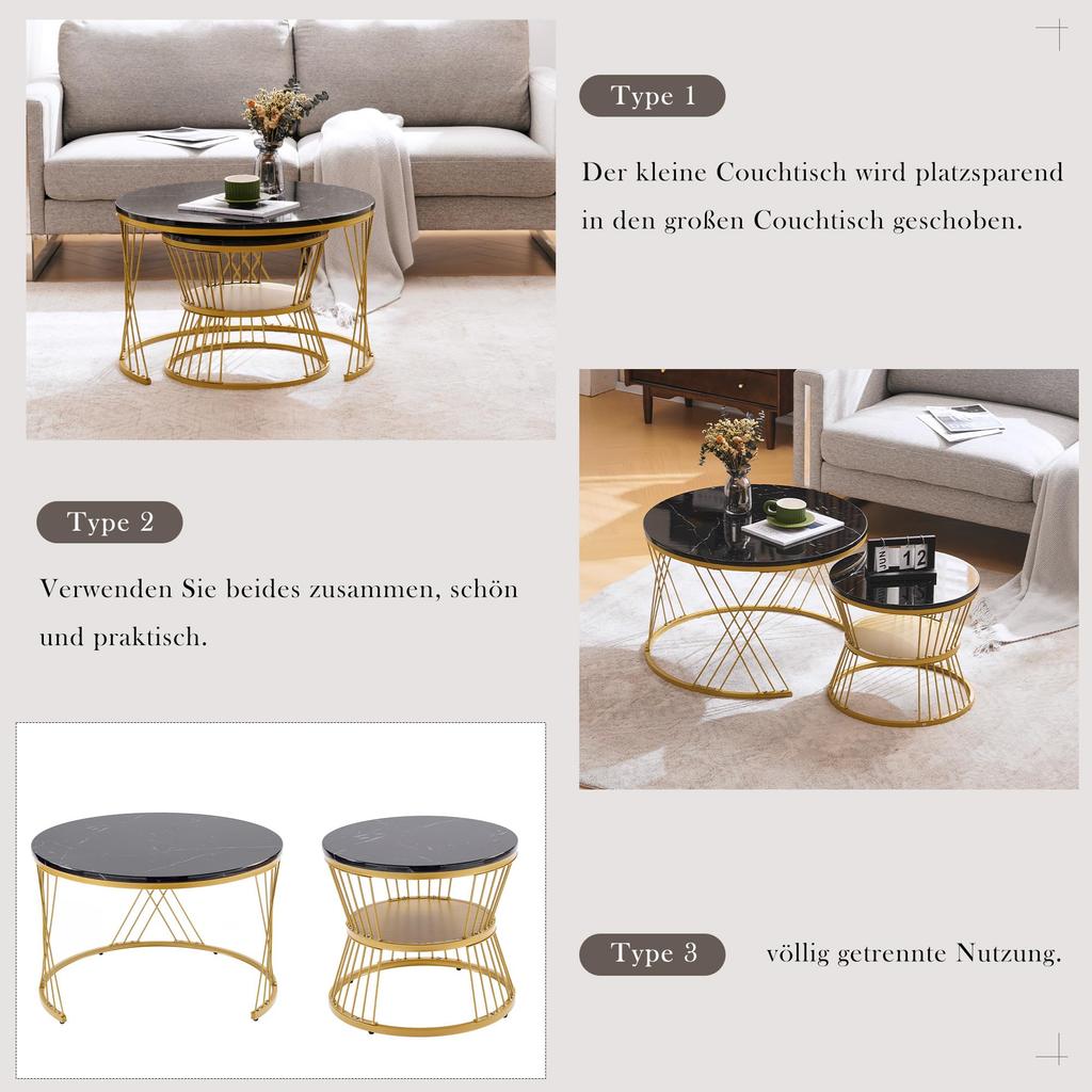 Couchtisch 2er Set, Hochglanz Wohnzimmertisch, Coffee Table mit Stauraum, für Wohnzimmer, Balkon, Metallgestell, Gold und Schwarz