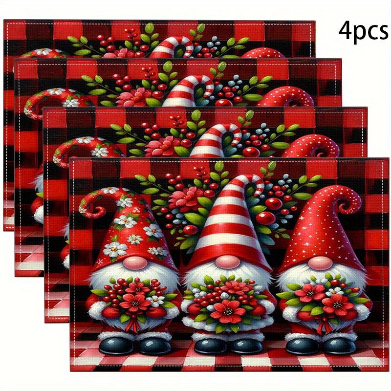 4pc S Christmas Theme Placemats Woven Linen Table Mats with Heat Resistant, Decorative Holiday Gnomes Design