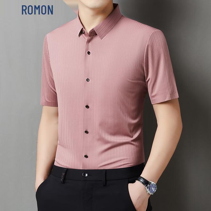 Romon Men's Short Sleeve Jacquard Casual Shirt