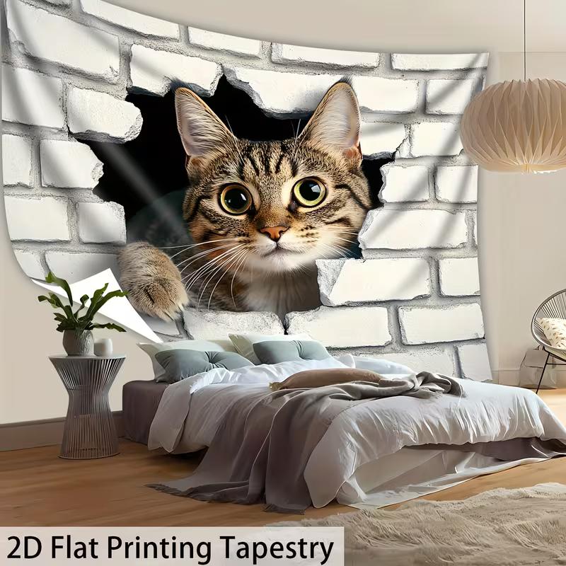 

2D Cute Tabby Cat Tapestry White Brick Wall 2D Illusion Wall Hanging 47.2x31.5inch/120*80cm