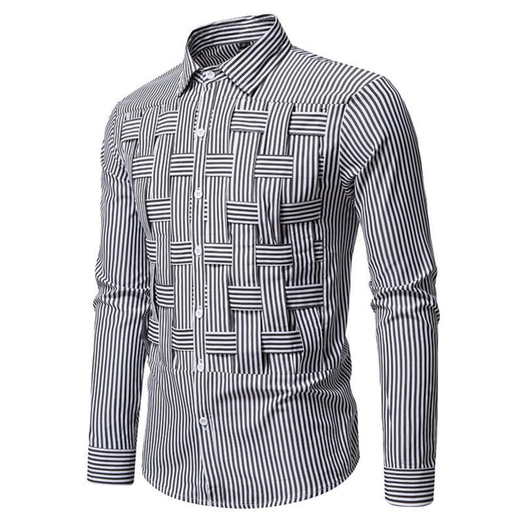Men's Casual Solid-color Long-sleeved Shirt, Men's Button-style Striped Woven Stand-up Collar Shirt