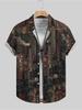 Men's Japanese Vintage Style All-Over Print Short-Sleeve Shirt, Featuring Deep Brown-red and Dark Green Contrasting Color Blocks with Traditional