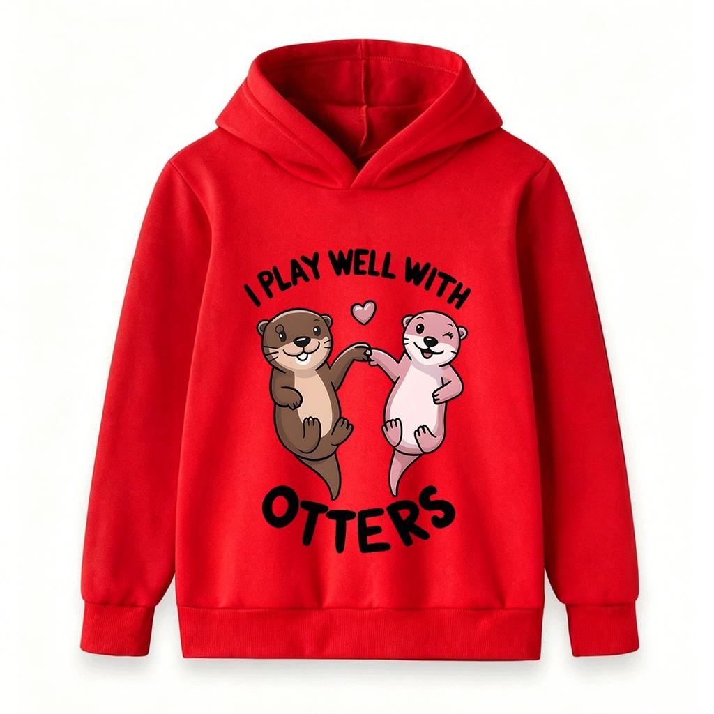 Kids Boys Girls Hoodie Cute Otters Print I Play Well With Otters Casual Long Sleeve Pullover Sweatshirt for Children