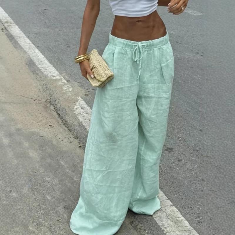 Pantaloni da Donna Bianchi Gamba Larga Coulisse Effetto Lino Vita Alta Vestibilità Larga