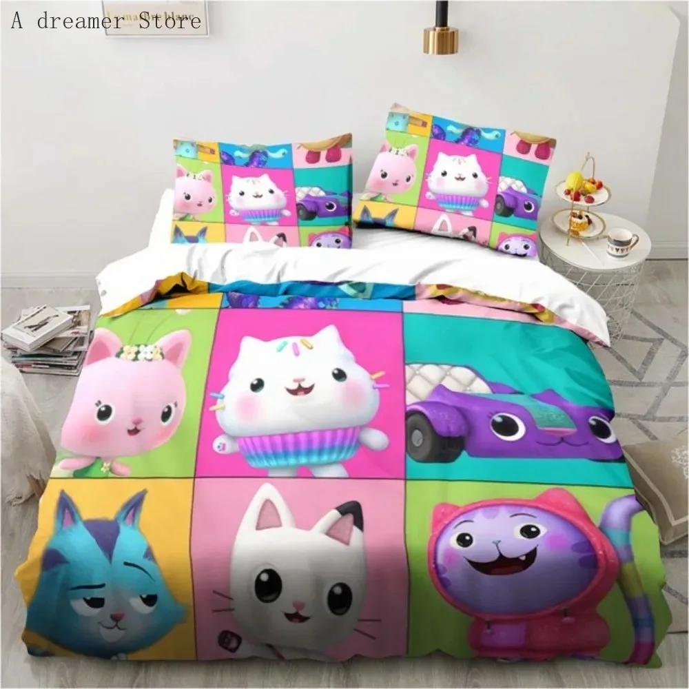 Gabbys Dollhouse Characters Bedding Set Cartoon Duvet Cover Pink Bedclothes Single Double Queen King Size For Girl Bed Set