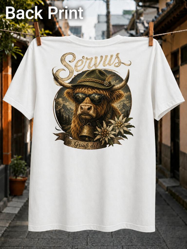 Gerunisex Servus Gruab Di Highland Cow With Cowbell Mountains And Edelweiss Vintage Unisex All Unisex All TShirt