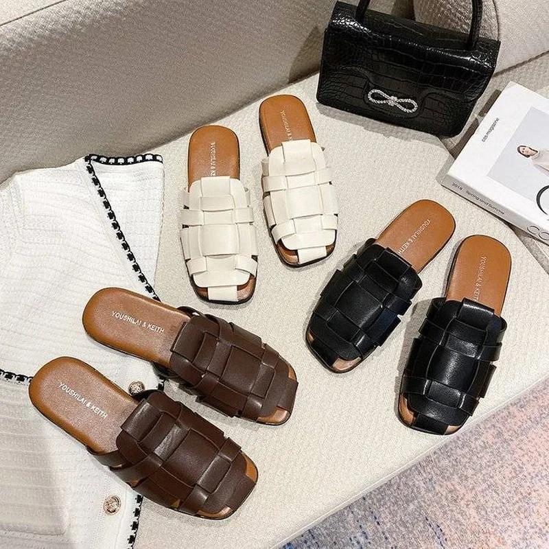 Fashion Leather Shoes for Women Low Heel Sandals Mules Slides Outside Woman Slippers Round Toe Flat Designer Natural Skin B Trend Eva F