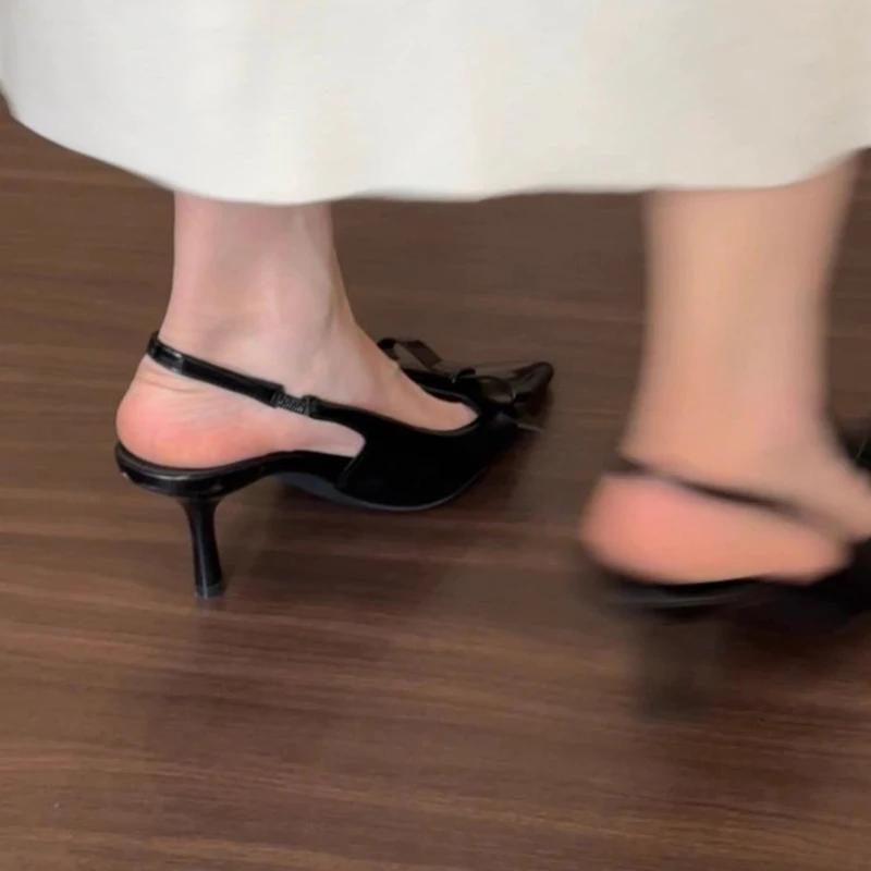 2025 New Modern Office Shoes Women Summer Black Wedding Slingback Pointed Toe Butterfly Decoration Female High Heeled Sandals