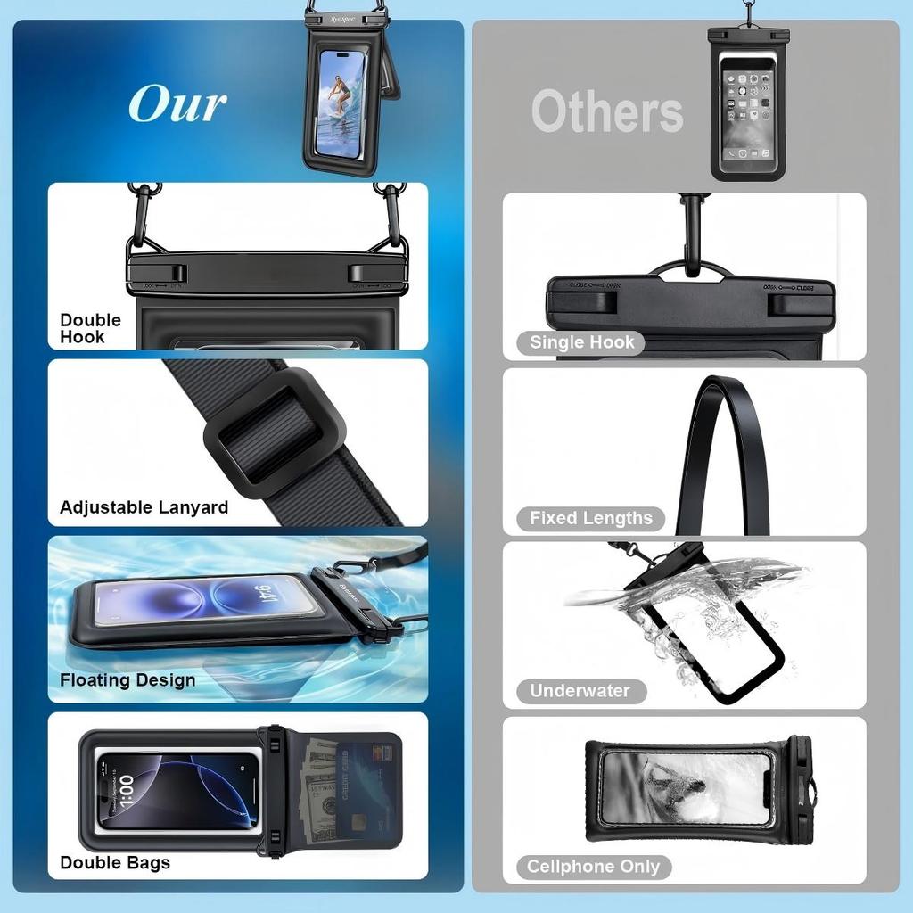 2er-Pack Dual-Fach IPX8 Wasserdichte Handytasche TPU Touchscreen Trockentasche Passt für 7,5 Zoll Handy Verstellbare Lanyard Strand Schwimmen