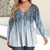 Women's Plus Size Shirt Long Sleeve  Print Top Pleated Casual V-Neck Top