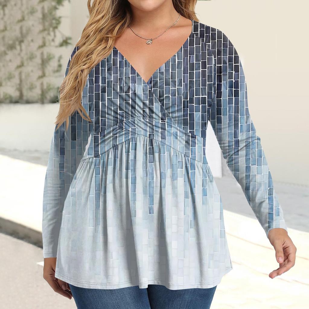 Women's Plus Size Shirt Long Sleeve Print Top Pleated Casual V-Neck Top