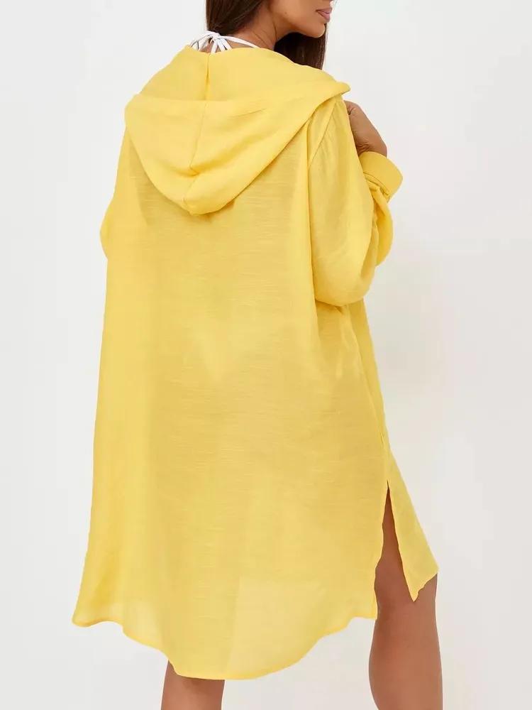 Women Loose Fit Beach Cover Up Long Sleeve Pullover Tunic Lightweight Button Down Swimsuit Top for Vacation Sun Protection