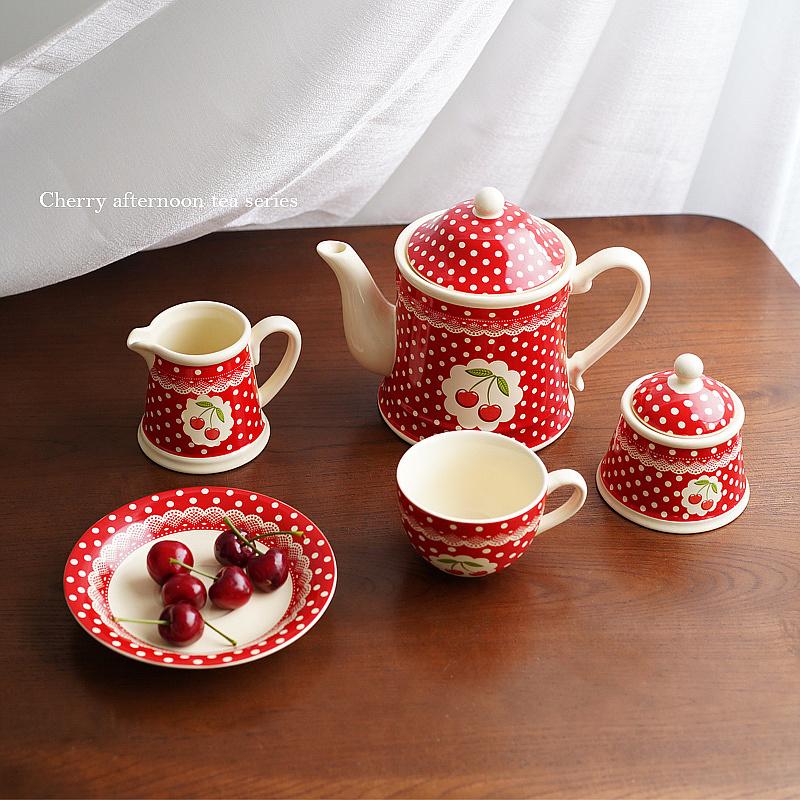 Ceramic England Polka Dot Cherry Printing Teaware Set Afternoon Tea Set Service Coffee Set Coffee Tea Cup Pot Jar