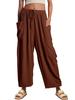 Elastic waisted pleated high waisted wide leg pants, loose casual cotton and linen pants