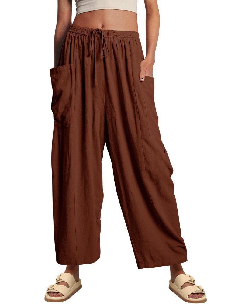 Elastic waisted pleated high waisted wide leg pants, loose casual cotton and linen pants