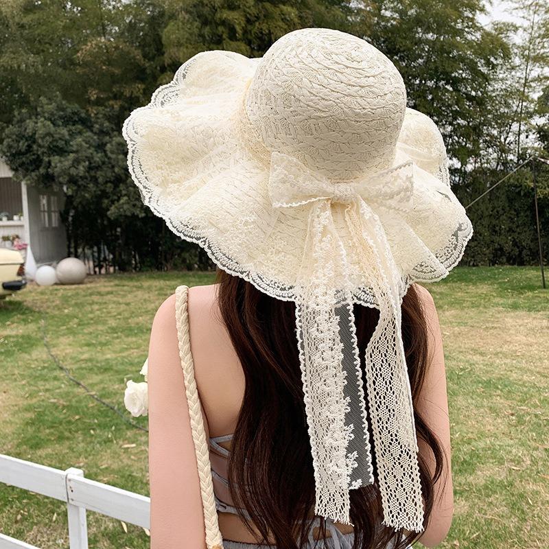 Summer Bow Sun Hat Female, Seaside Beach Vacation Sun Hat Outdoor Big Brim Sun Hat Sweet Straw Hat