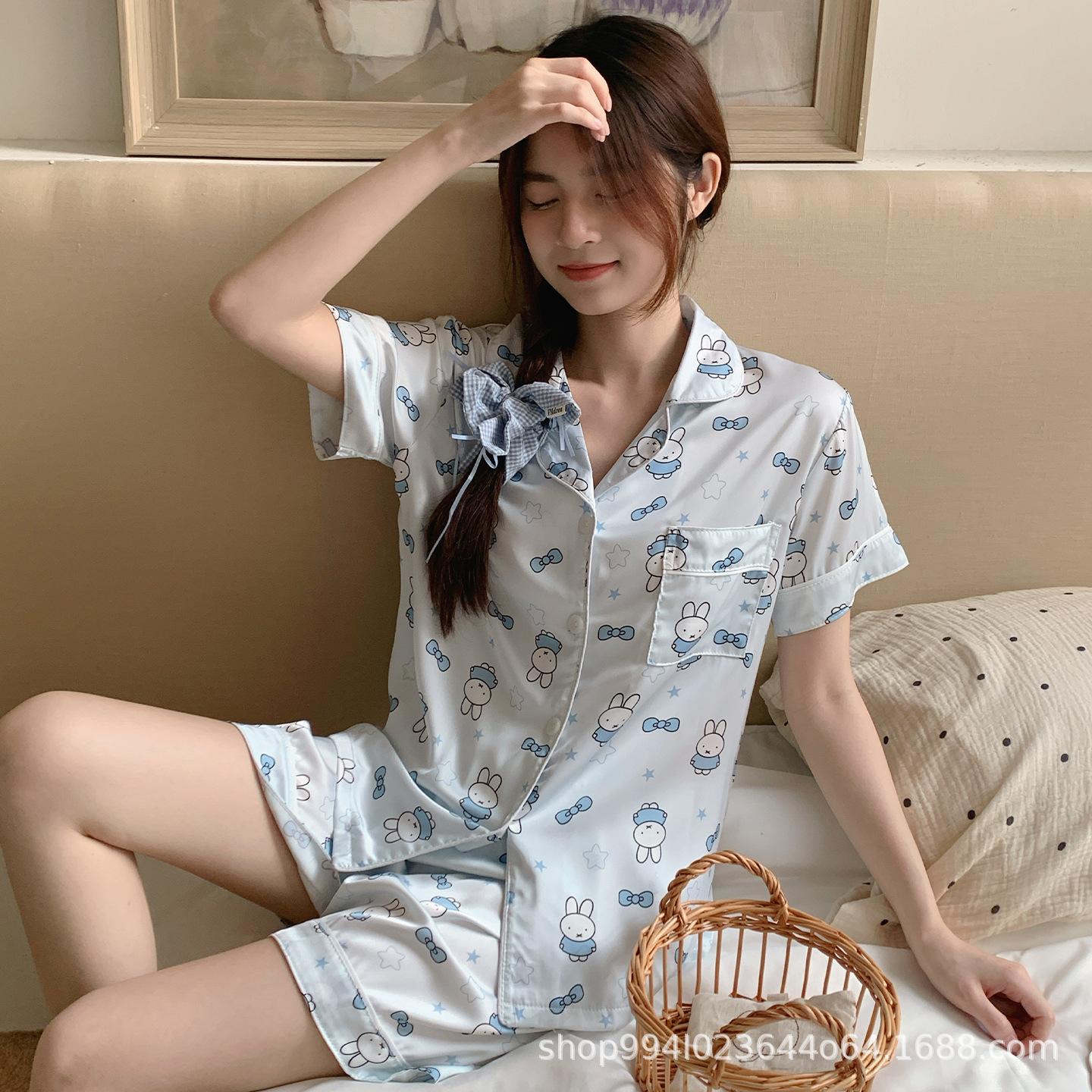 

Ice and snow silk short-sleeved pajamas women s ice silk summer thin cartoon cute Miffy Rabbit new silk loungewear M suitable for 50kg