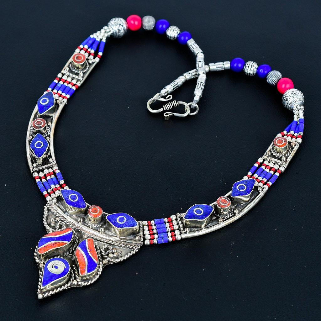 Lapis Lazuli, Coral 925 Sterling Silver Necklace Tibetan Silver Necklace Bohemian Antique Necklace Handmade Jewelry Nepali Necklace Gift For Wife