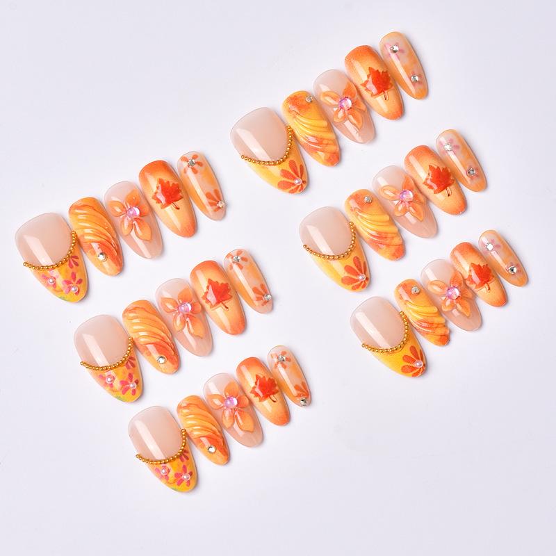 Maple Leaf Rhinestone Almond Nails (30pcs): 3D French Manicure with Wearable Glue-on Design for Autumn/Winter.
