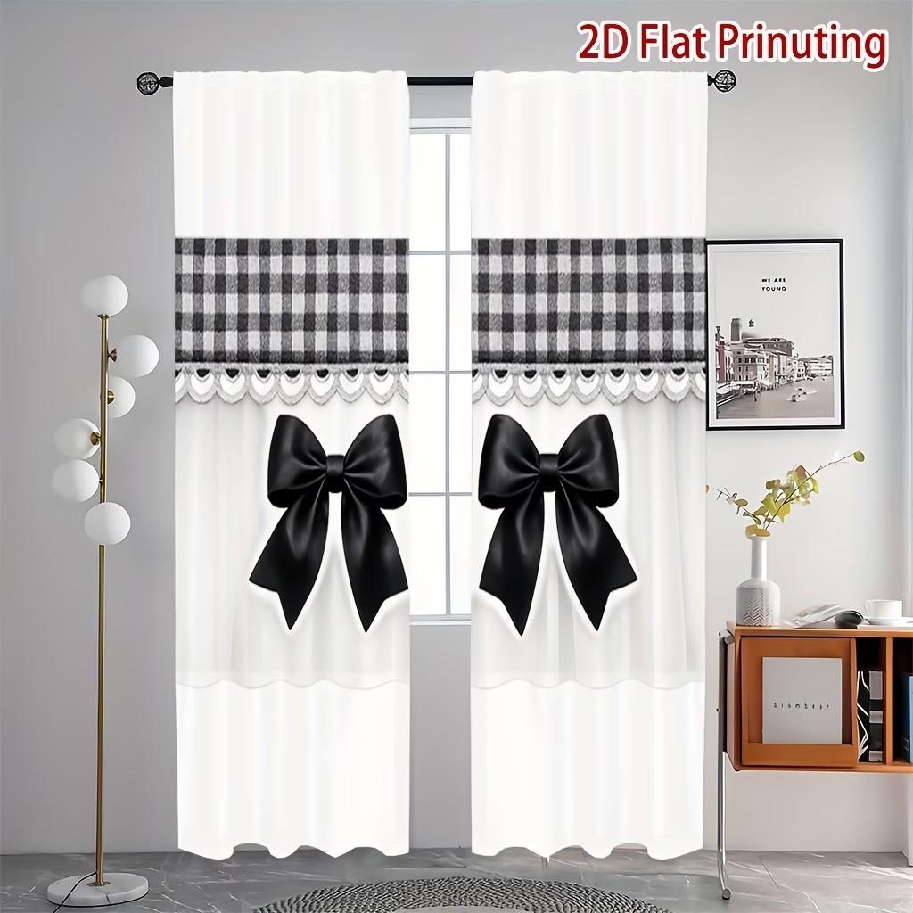 2PCS Digital Printed Curtains, Bows Black Plaid Girly Checkered Pattern, Window Curtains for Living Room Bedroom Home Decoration