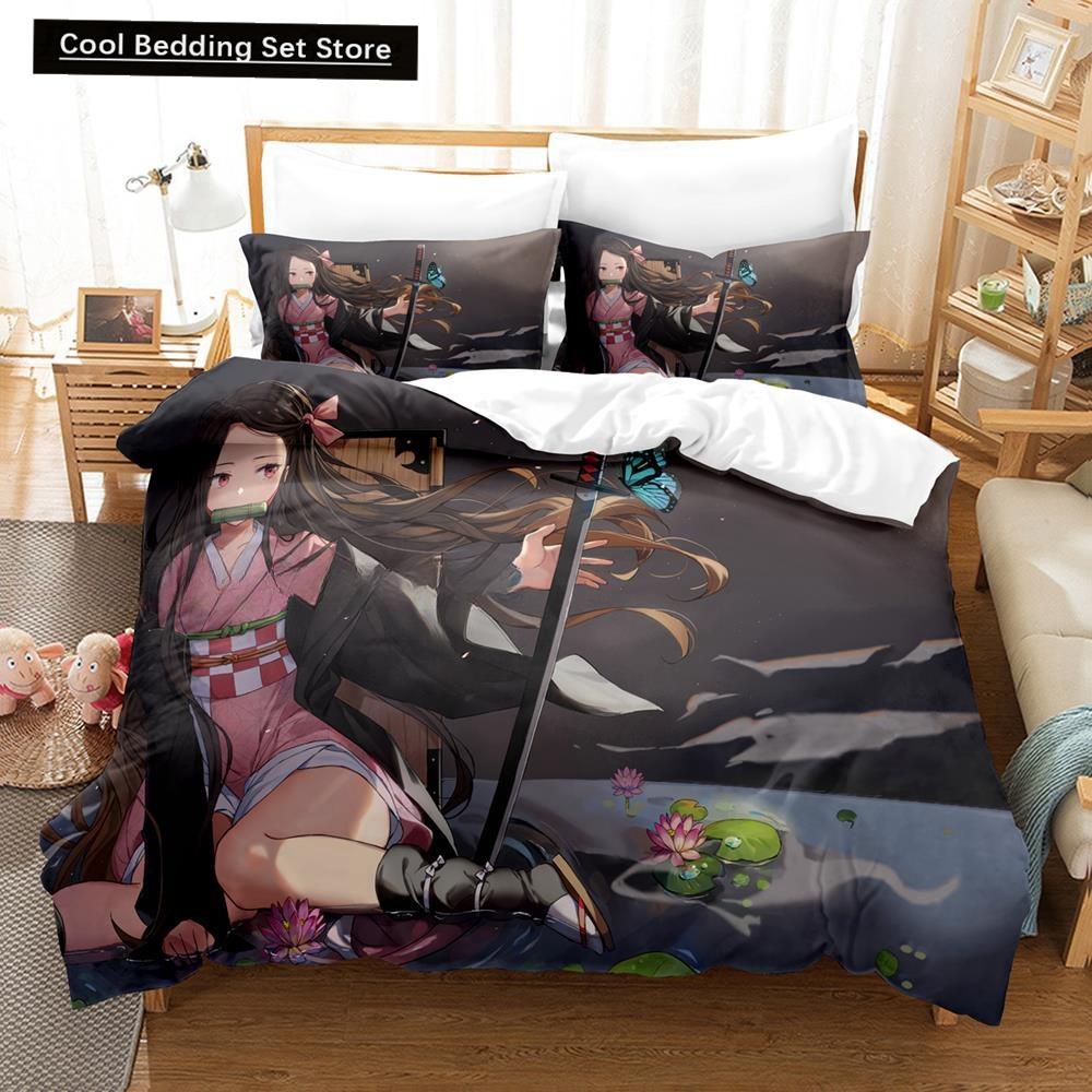 

3D-печать аниме простыня Demon Slayer постельное белье комплект односпальный двуспальный двуспальный двуспальный комплект для взрослых и детей спальня пододеяльник наборы EU single(135x200cm)