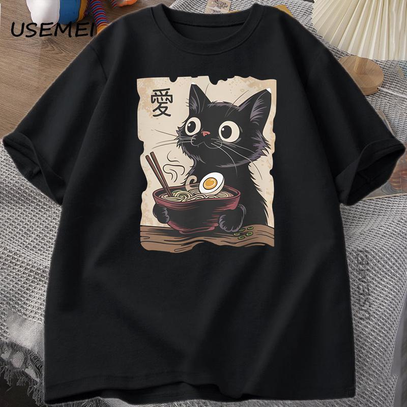 Funny Cat RaUnisex Graphic Tee Japanese Kawaii Anime Cat TShirt Cotton Short Sleeve Oversized Loose Short Sleeve Tee Streetwear