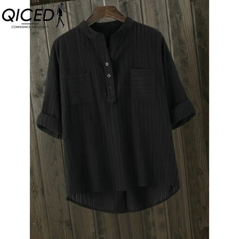 QICED Women's Fashion Casual Solid Color Print Short Sleeve V Neck Blouses & Shirts