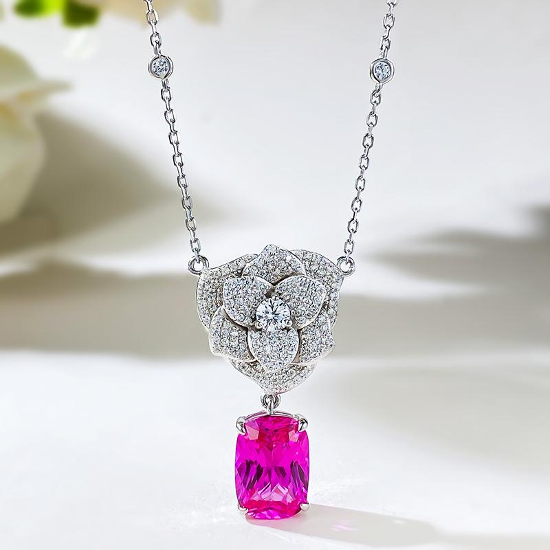 New S925 Silver Mountain Camellia Fat Square Pendant Necklace, Niche, Exquisite, Fashionable, High-quality Wedding Jewelry