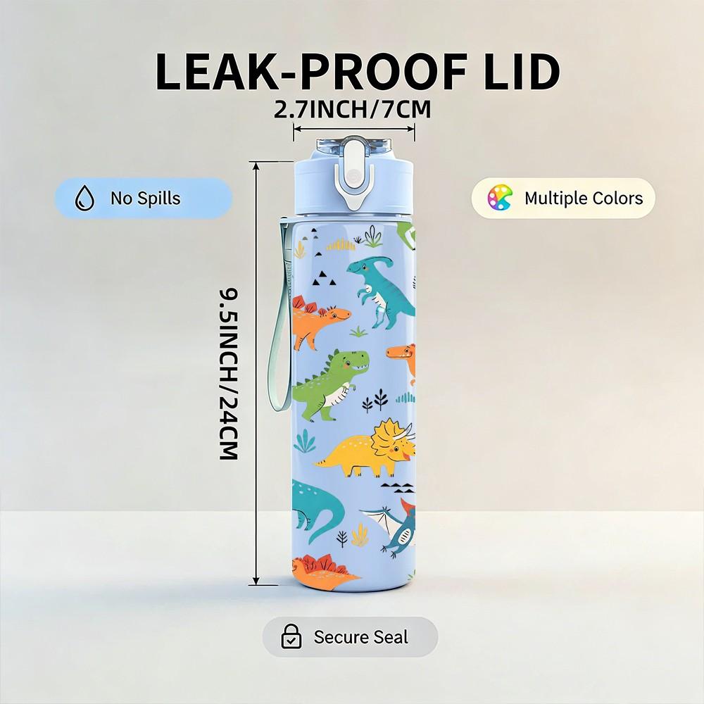 1PC Dinosaur Animal Pattern 750ml Color Plastic Sports Water Bottle Leakproof Flip Straw Lid Suitable for Sports Office Home Use
