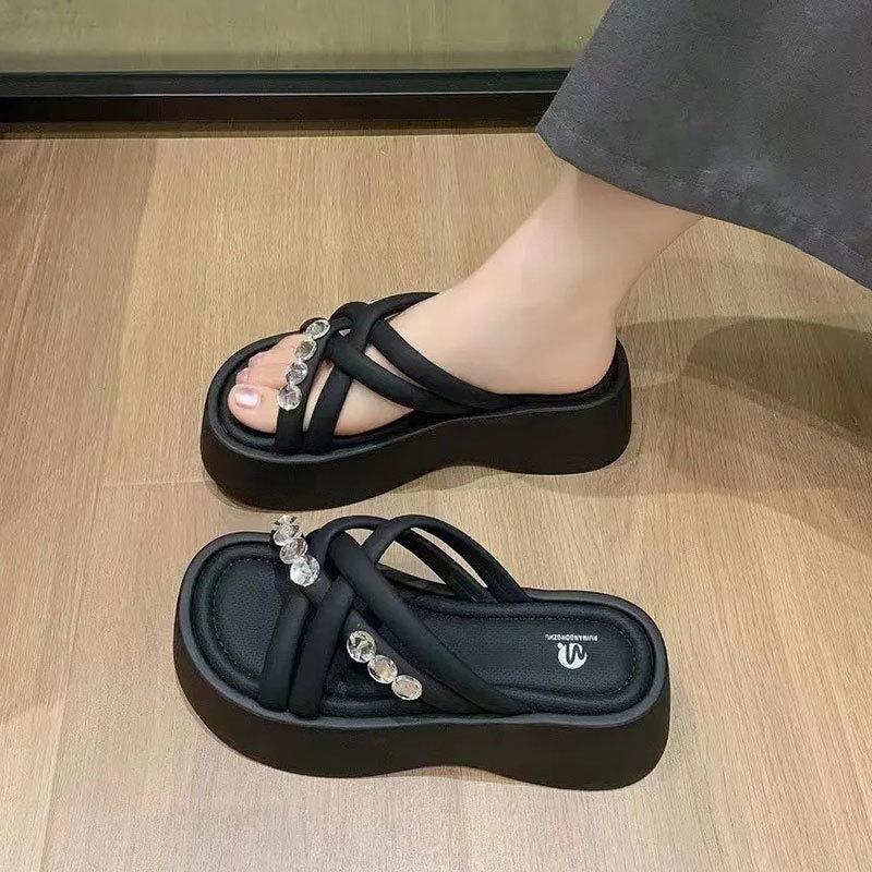 Rhinestone platform high-heeled cool slippers women's summer wear 2025 new silver sandals with skirt casual beach shoes