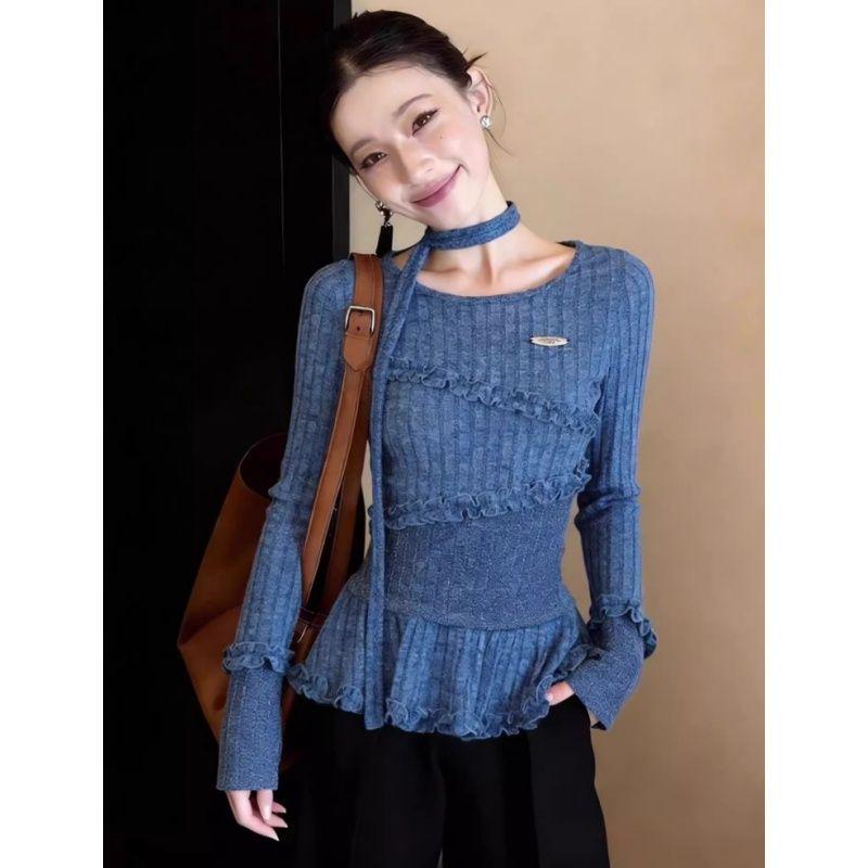 

Retro Ruffled Round Neck Long Sleeve Slimming Top with 3D Details - Autumn/Winter Versatile T-Shirt M синій