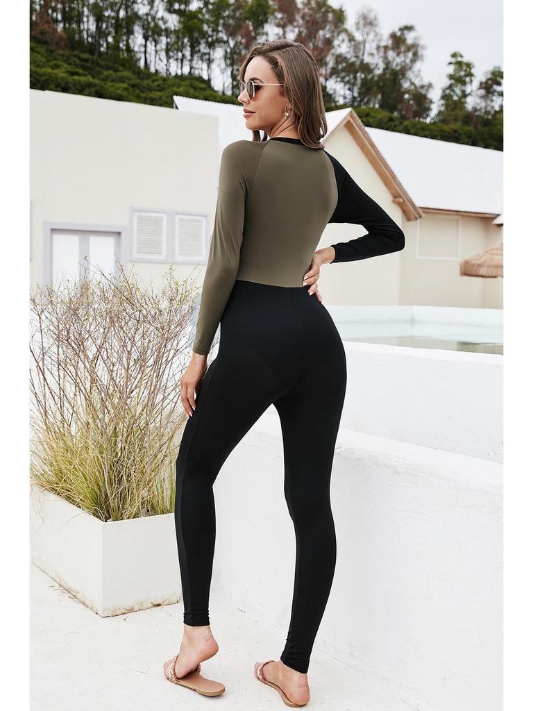 Arabischer einteiliger Farbblock-Badeanzug: Vollständige Abdeckung Langarm & Hose Surfen Sonnenschutz